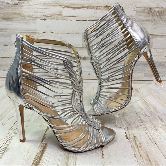 Schutz Margaery Metallic Strappy Sandal Womens Size 6B Silver Stiletto Caged - Picture 3 of 14